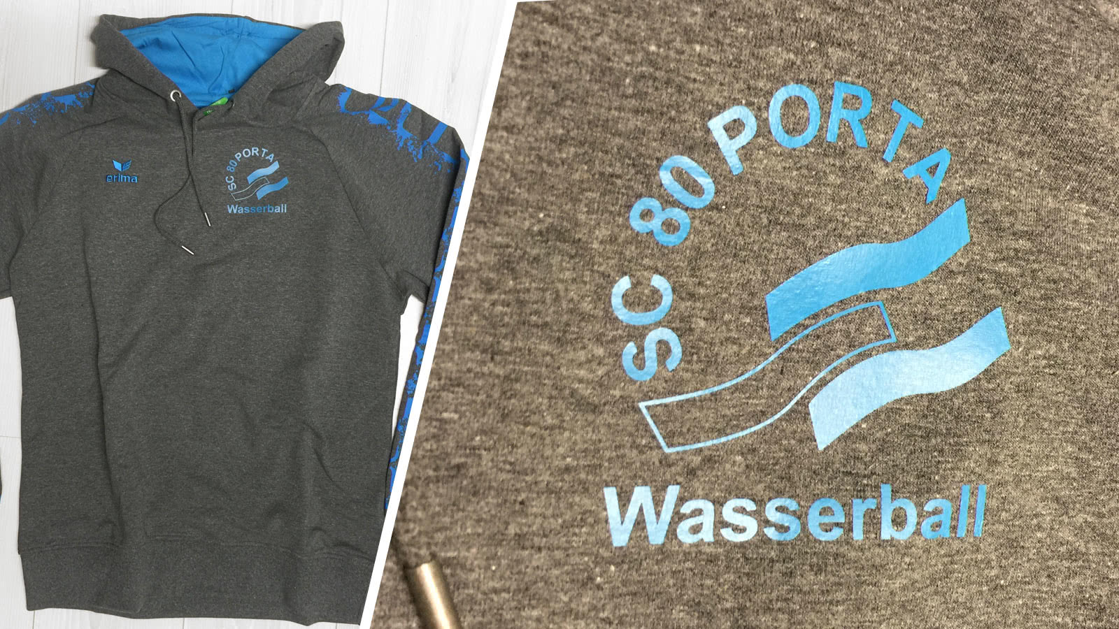 Das Kapuzensweatshirt mit Druck des SC Porta 80 mit Vereinslogo