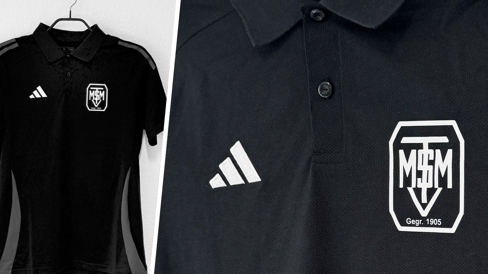 schwarze Team-Poloshirts mit eigener Wappen Bedruckung in weiß