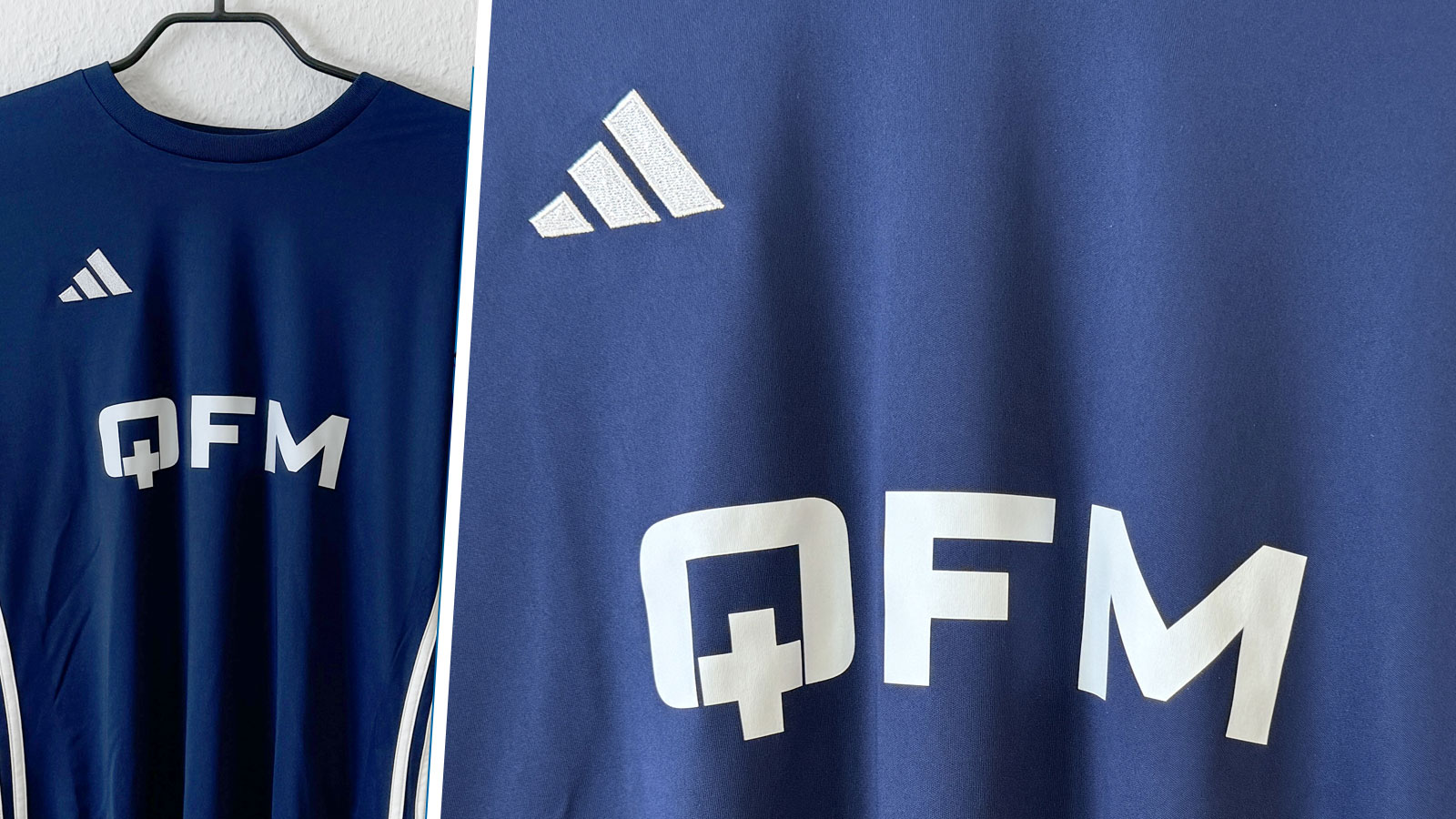 blaue adidas Firmen Trikots mit Logo Bedruckung in weiß