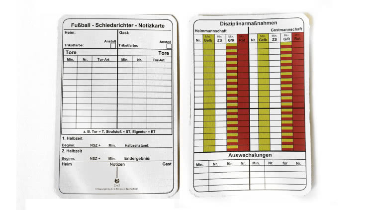 Die Schiedsrichter Spielnotizkarten Fußball für den online Bereich