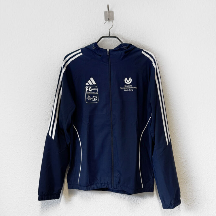 dunkelblaue adidas teamjacken mit Druck in weiß